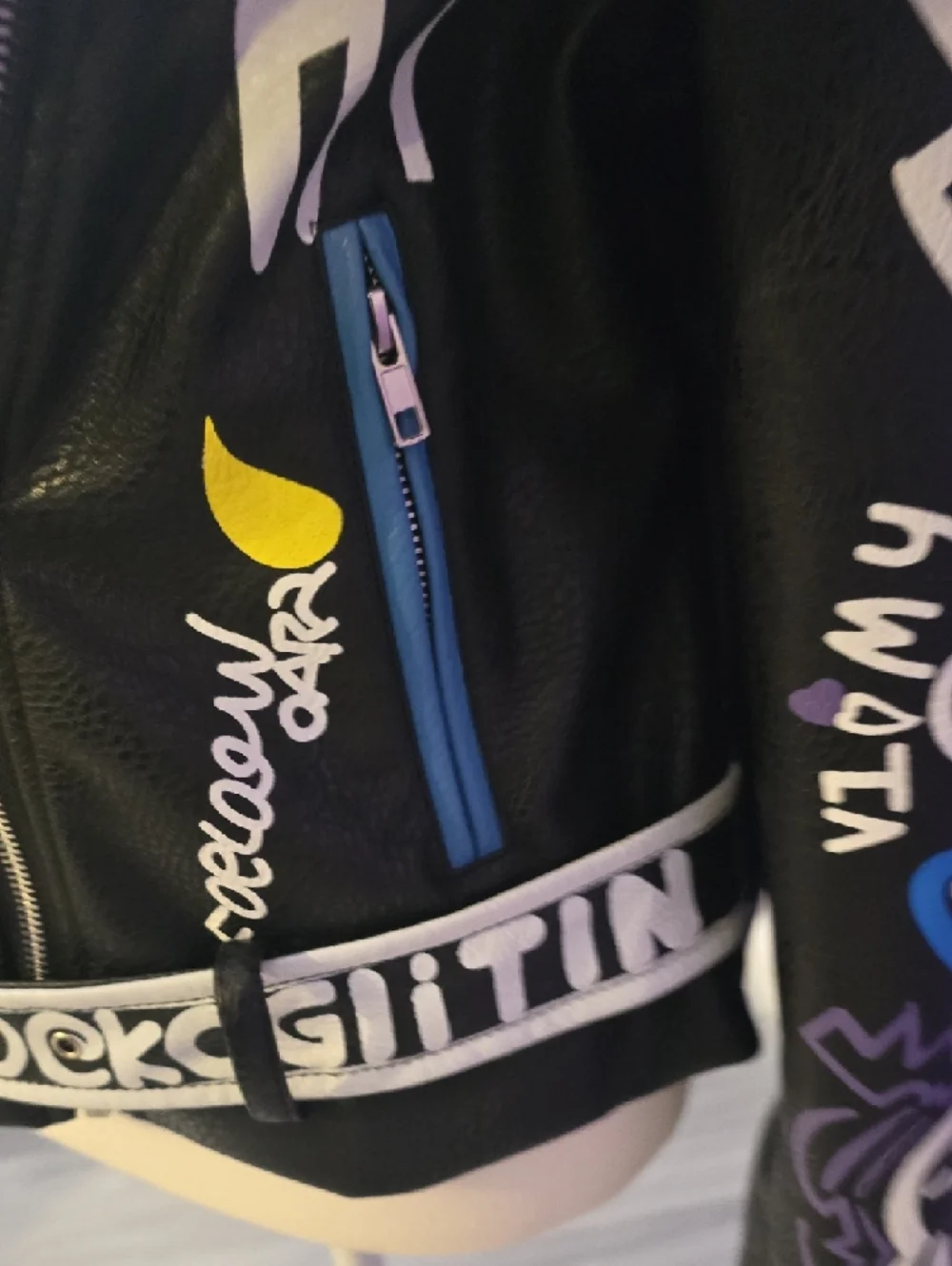 Painted Black Leather Biker Jacket with Multicolor Graffiti Accents - Picture 8 of 14